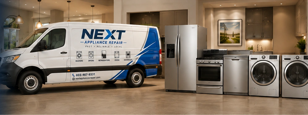 Next Appliance Repair service van with household appliances in a home setting